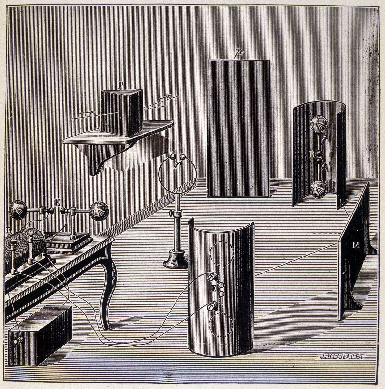 Layout geral das experiências de Heinrich Hertz (1857-1894) sobre ondas elétricas - em "Physique populaire" de Emile Desbeaux, Flammarion de Unknown artist