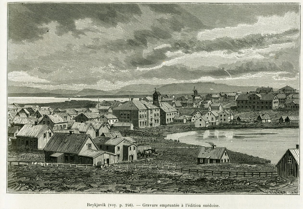 Vista geral de Reykjavik. Gravura para ilustrar a história A nova expedição do Professor Nils Adolf Erik (Eric) Barão Nordenskjold (Nordenskiold) (1832-1901) na Gronelândia, de Charles Rabot, no tour du monde 1886, sob a direcção de Edouard Char de Unknown artist