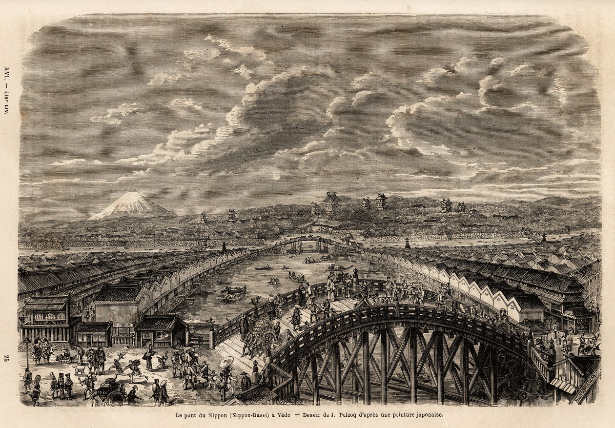 Vista geral de Yedo (ou Edo, actual Tóquio) a partir do Nippon Bassi (a ponte do Nippon), animação animada de transeuntes e carregadores na ponte, entre as ruelas dos comerciantes, vista das lojas e, ao fundo, vista do Monte Fuji. Gravação de Unknown artist