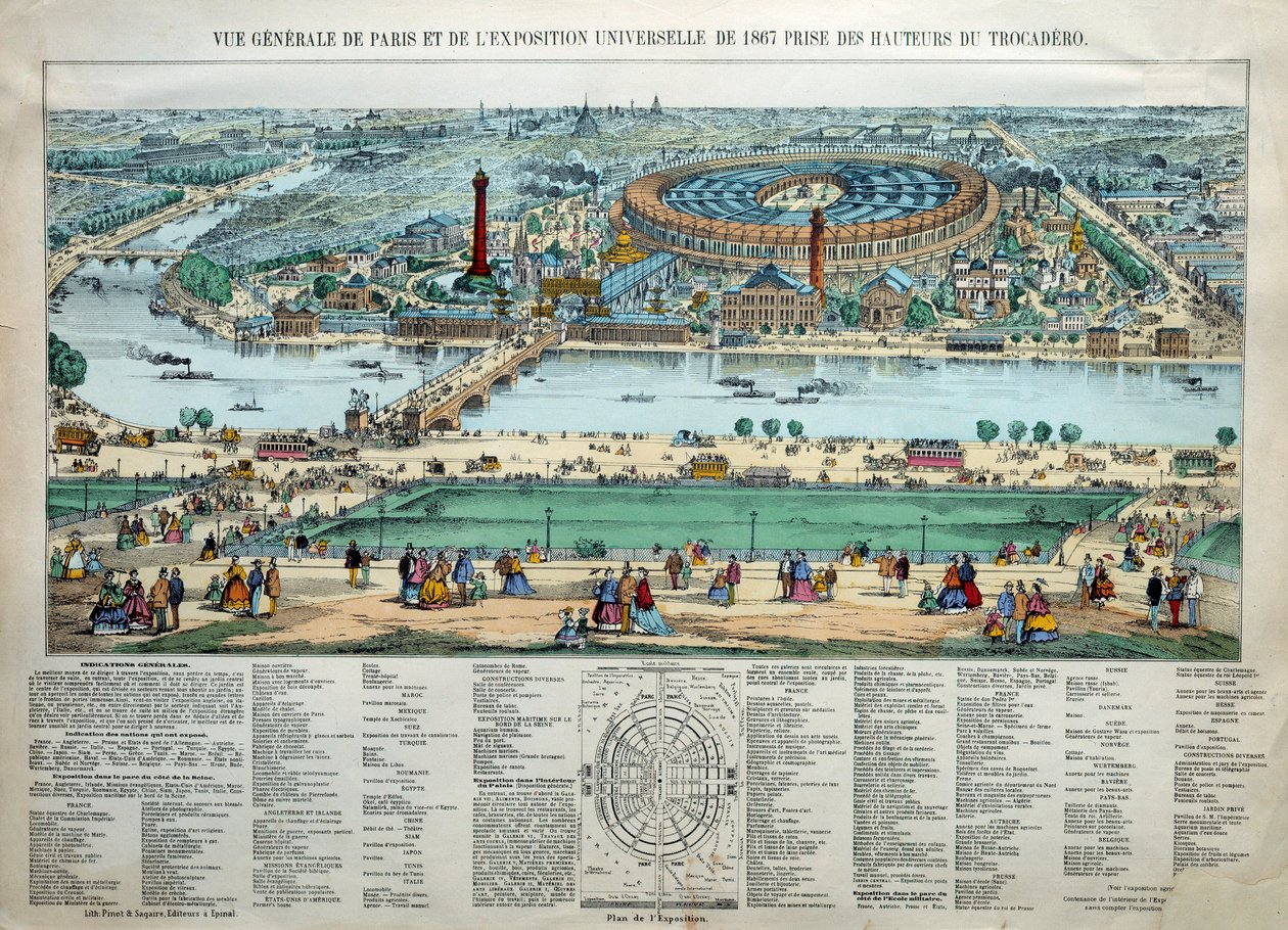 Vista geral da Exposição Mundial de 1867 em Paris. Ao fundo: o parque da escola militar do Champ de Mars. Gravura de Paris, Musee Carnavalet de Unknown artist