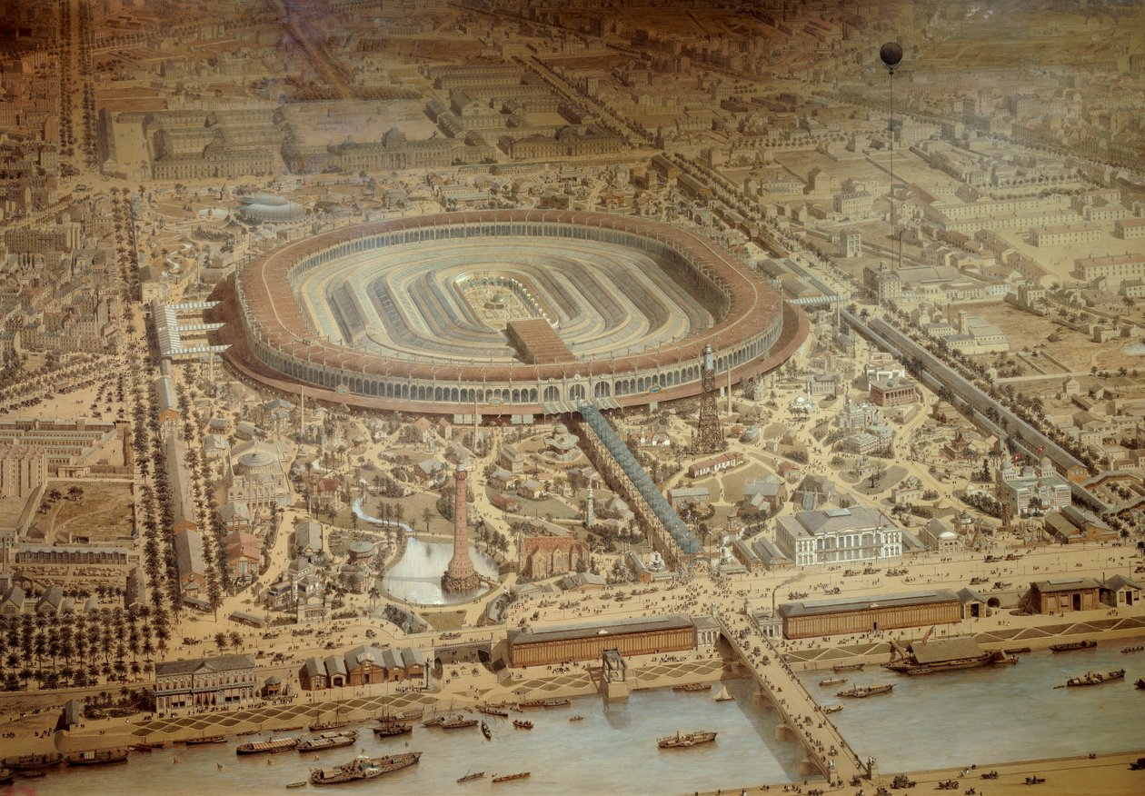 Vista geral da Exposição Mundial de 1867 em Paris. No centro da escola militar do Champ de Mars. Gravura de Paris, Musee Carnavalet de Unknown artist