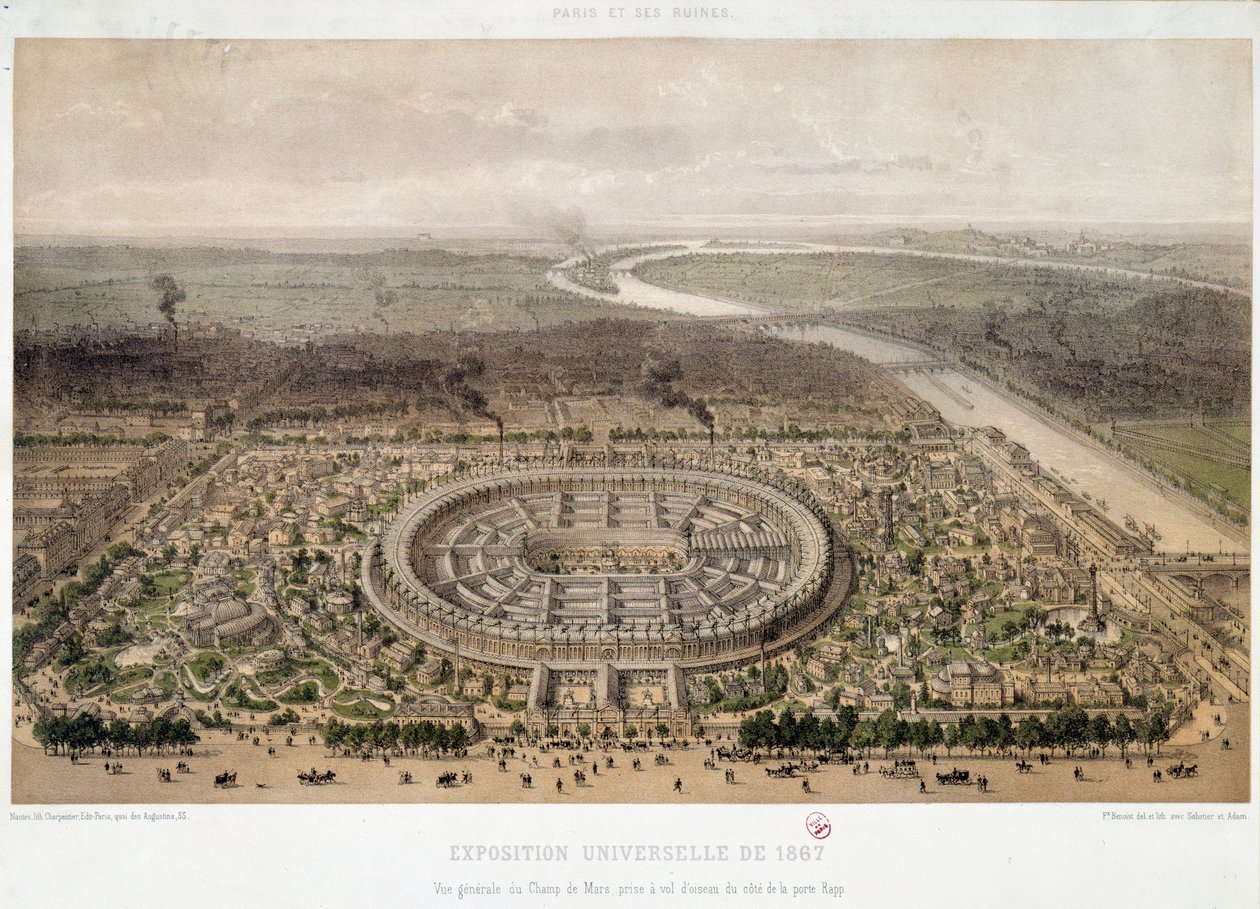 Vista geral da Exposição Mundial de 1867 tirada de Trocadero em Paris: o Champ de Mars e a ponte de Iena atravessando o Sena. Litografia do século XIX. Paris, Musee d