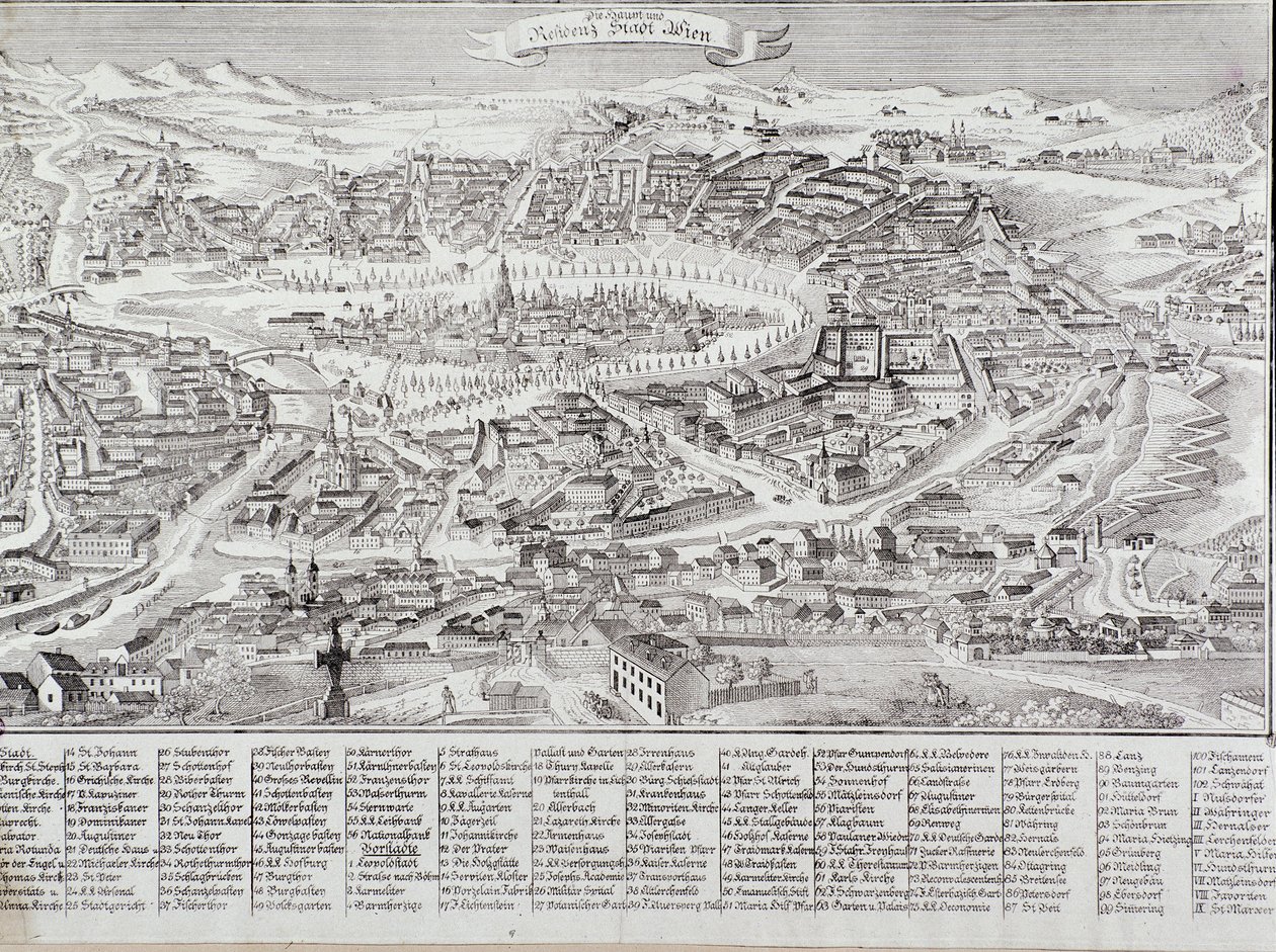 Vista geral da cidade de Viena com detalhes dos principais edifícios e monumentos. Gravura Áustria a partir de 1800 Colecção Privada de Unknown artist