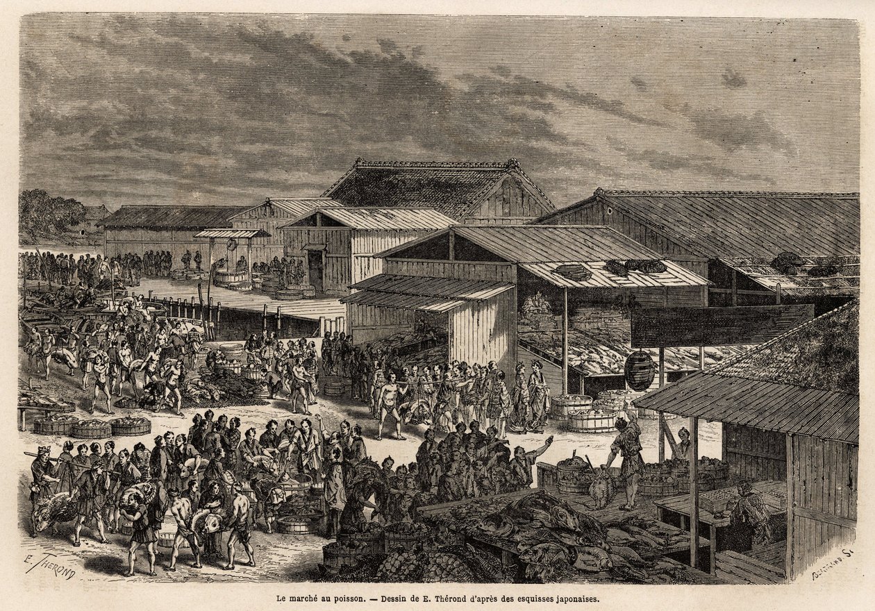 Vista geral do mercado do peixe, com o porto dos barquinhos das mercadorias, os barracos e as barracas de apresentação dos produtos, e o palco para venda às casas de leilão, com a animação animada que reúne o local: portfaix, sellers e m de Unknown artist