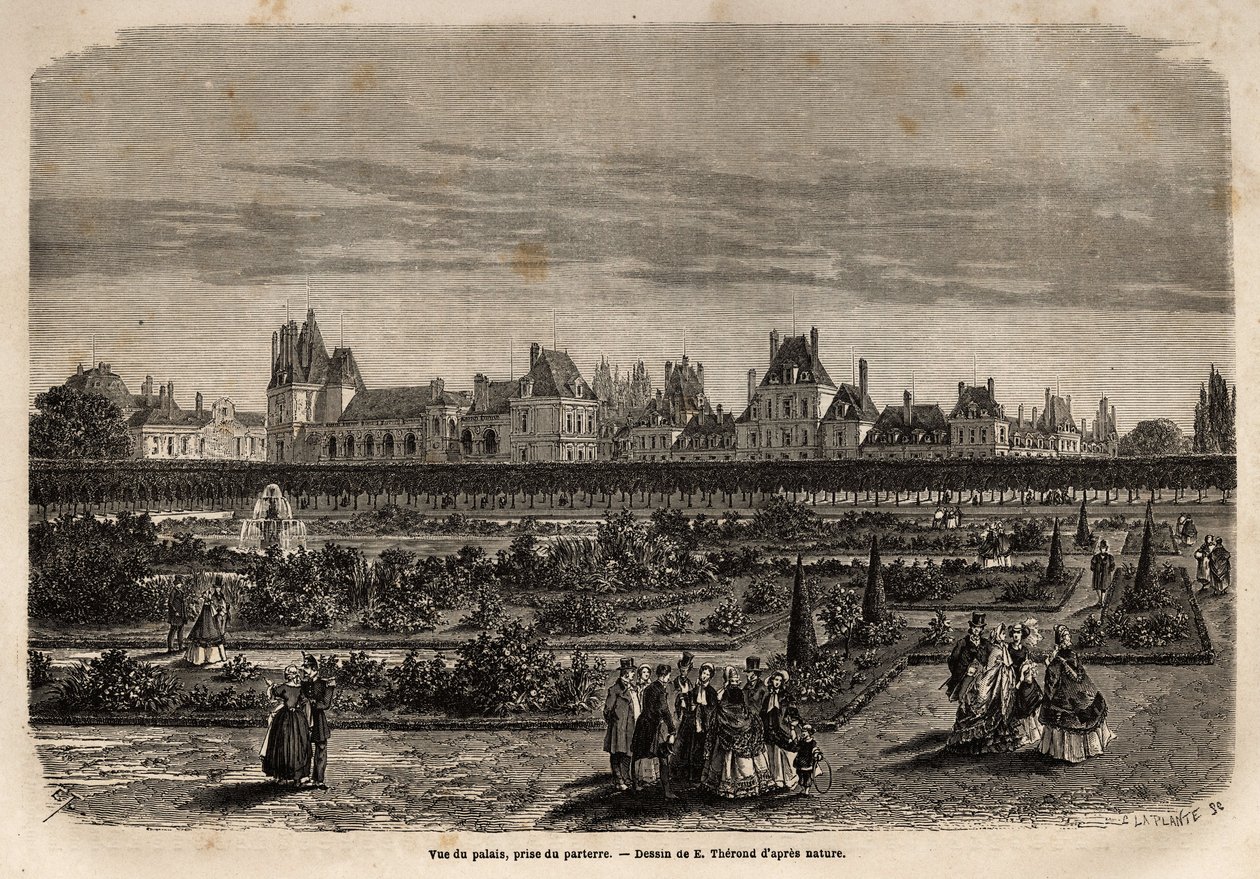 Vista geral do palácio e jardins de Fontainebleau, tirada do chão. Gravura para ilustrar uma descrição do castelo e floresta de Fontainebleau, em 1867, por M.Pays, no "Le tour du monde, nouveau journal des voyages" publicado sob o de Unknown artist