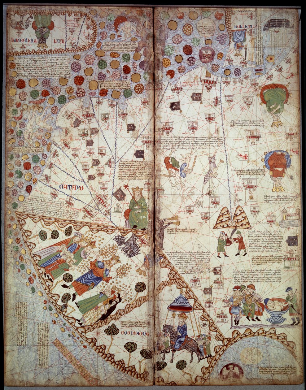 Mapa geográfico: China, Vale do Ganges, Sumatra, Ceylan. Atlas Catalão (mapa da Catalunha) (Espanha). Manuscrito de 1375 (Folio 2v - folio 3) por Abraham Cresques. BN, Paris. de Unknown artist