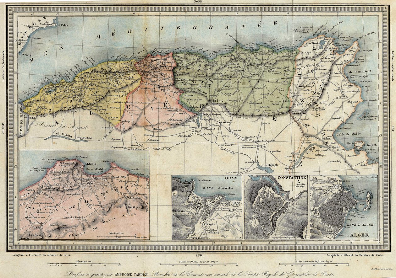 Mapa geográfico da Argélia e detalhes das províncias de Argel, Oran e Constantino, realizado por Amboise Tardieu de Unknown artist