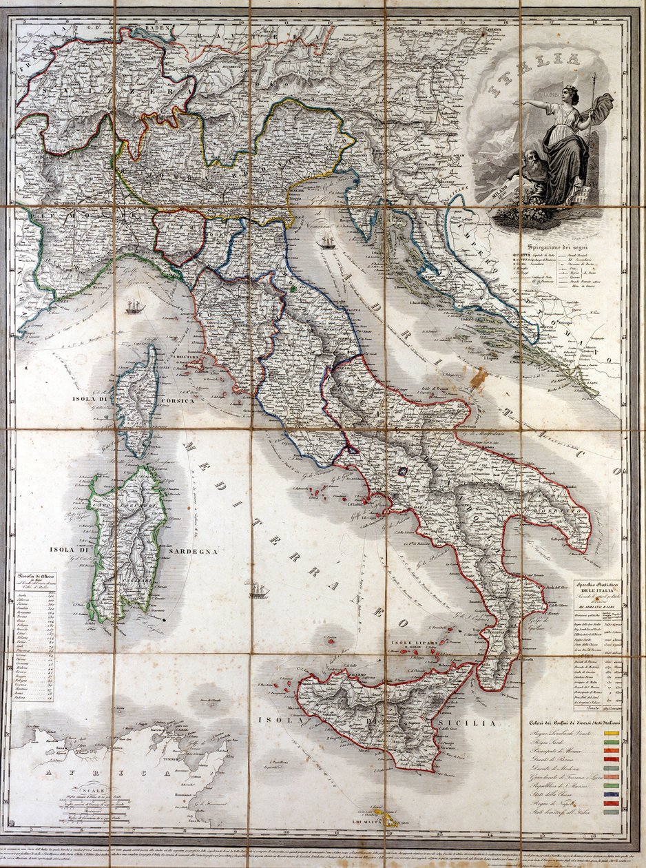 Mapa geográfico da Itália em 1850 com a delimitação das fronteiras dos diferentes estados que constituíam o país antes do Risorgimento. de Unknown artist