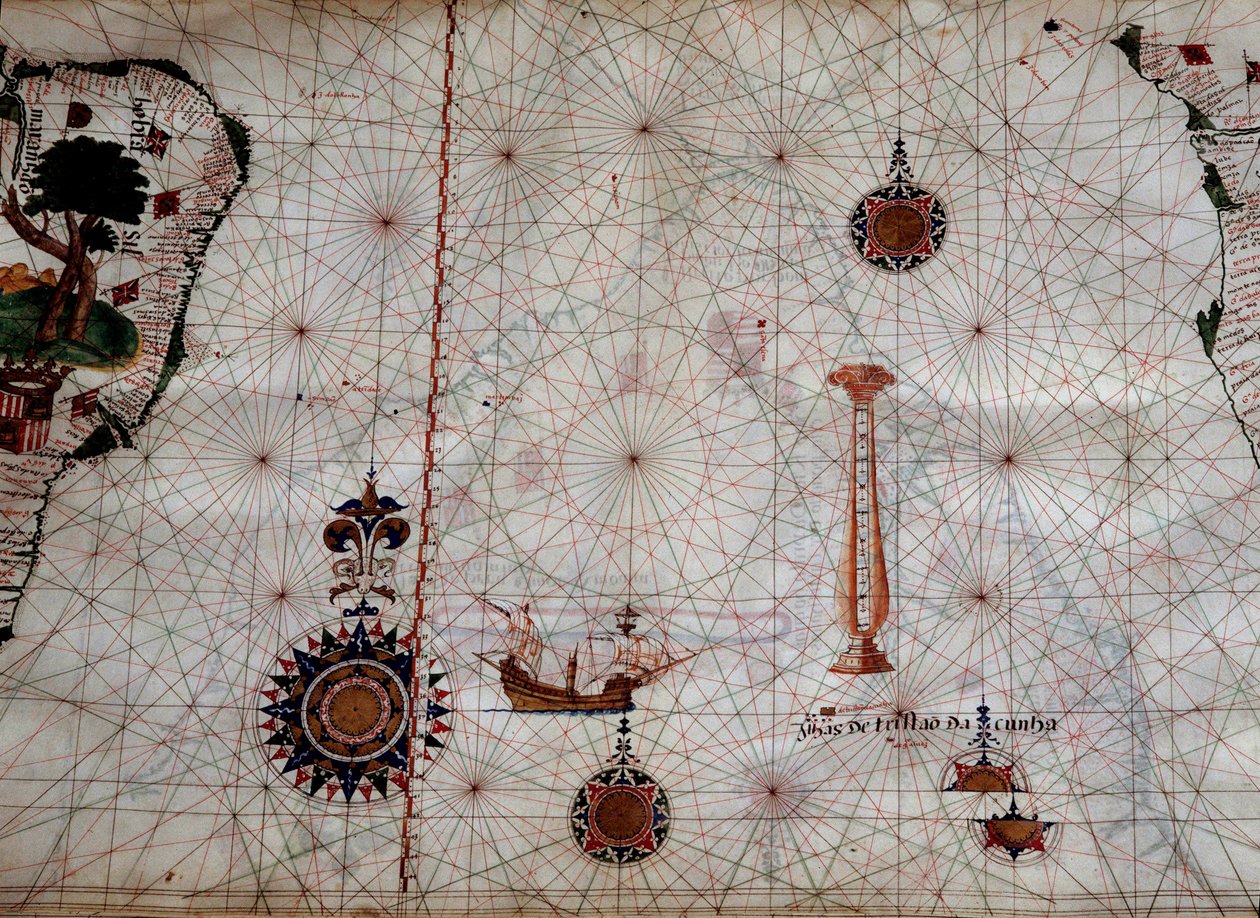 Geografia: detalhe de um mapa de navegação de Luis Lazare (século XVI) representando as ilhas do arquipélago de Tristão da Cunha (ou Tristão d