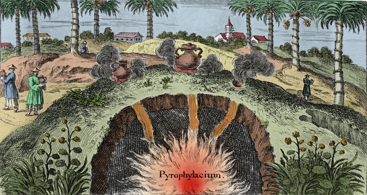 Geologia: cortar a casca da terra, explicando a saída do fogo da terra. Gravura de "Mundi Mirabilis Oeconomia" de Johann Zahn (1631-1707) de Unknown artist