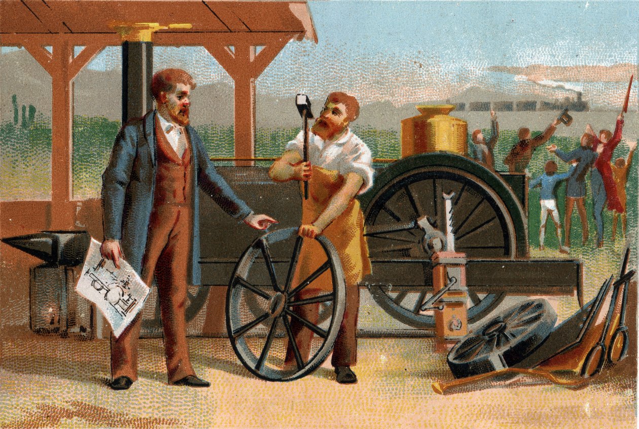 George Stephenson (1781-1848) representou com uma de suas invenções: a locomotiva. Cromolitografia tardia do século XIX. de Unknown artist
