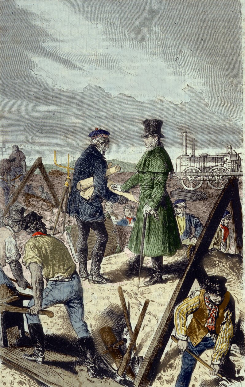Georges Stephenson (1781-1848), engenheiro inglês, construtor da Liverpool Manchester Road com a sua primeira locomotiva. de Unknown artist
