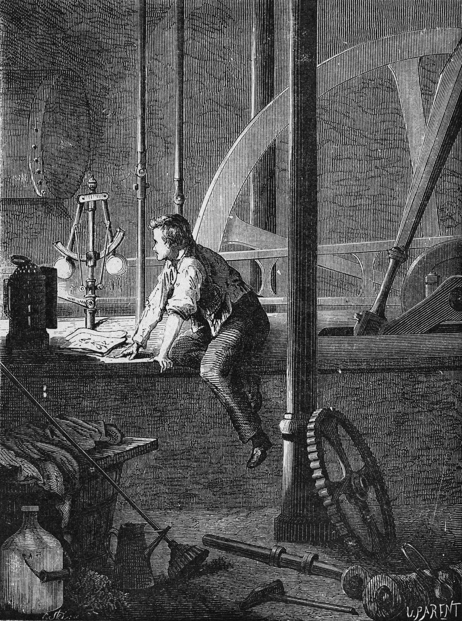 Georges Stephenson, um motorista em Newcastle, desmonta e repara o seu motor a vapor. In" Album de la Science", Éditions Jouvet de Unknown artist