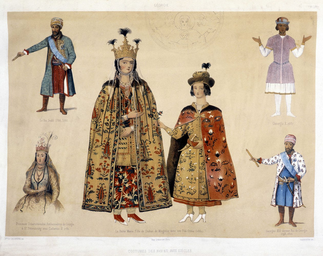 O quadro de trajes georgiano nos séculos XVI e XVII: Rei Irakli (1744 - 1798), Gheorghi X (1687), Princesa Chartchevadze (Embaixadora da Geórgia em São Petersburgo sob Catarina II 1780), Rainha Maria (filha de Dadian de Mingrelie com seu filho Otthia 1 de Unknown artist