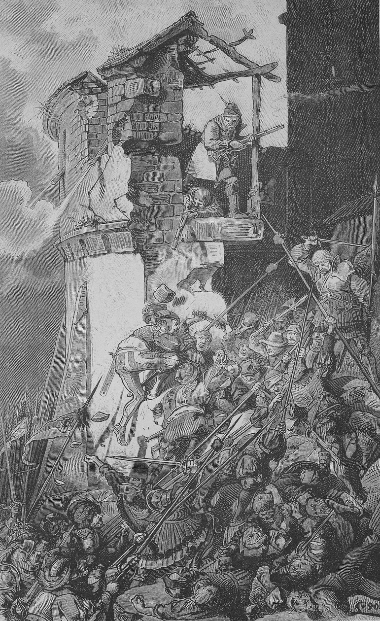 Guerra dos Camponeses Alemães (1524-1526): Devastação de Murrhardt, uma pequena cidade no Rems-Murr-Kreis, cerca de 40 km a nordeste de Estugarda, no coração da Floresta da Suábia de Unknown artist
