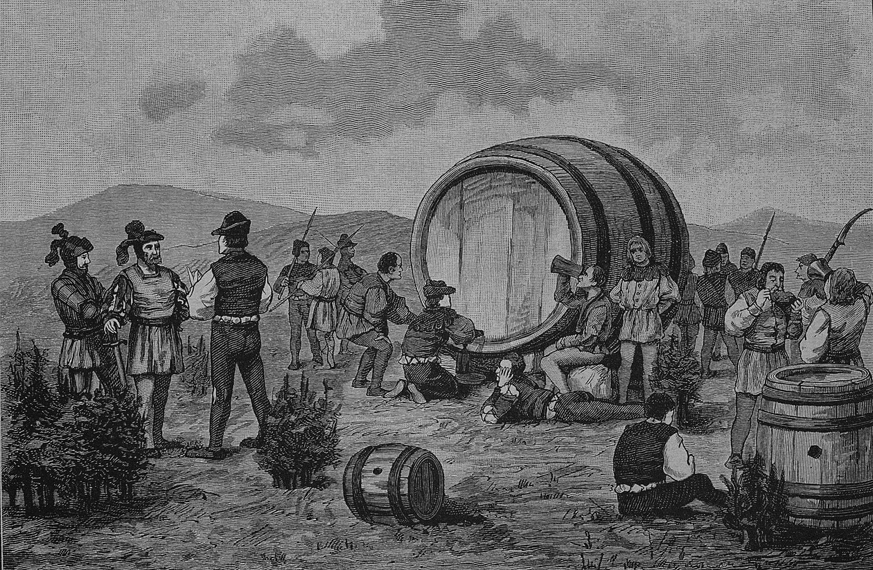 Guerra dos Camponeses Alemães (1524-1526): Os camponeses acampam nos zimbros com um grande barril de vinho de Unknown artist