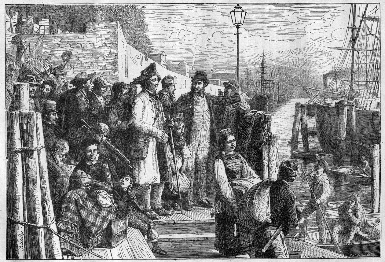 Emigrantes alemães para Nova York embarcando no navio a vapor de Hamburgo em 1874, gravura - (Deutsche Emigranten) de Unknown artist