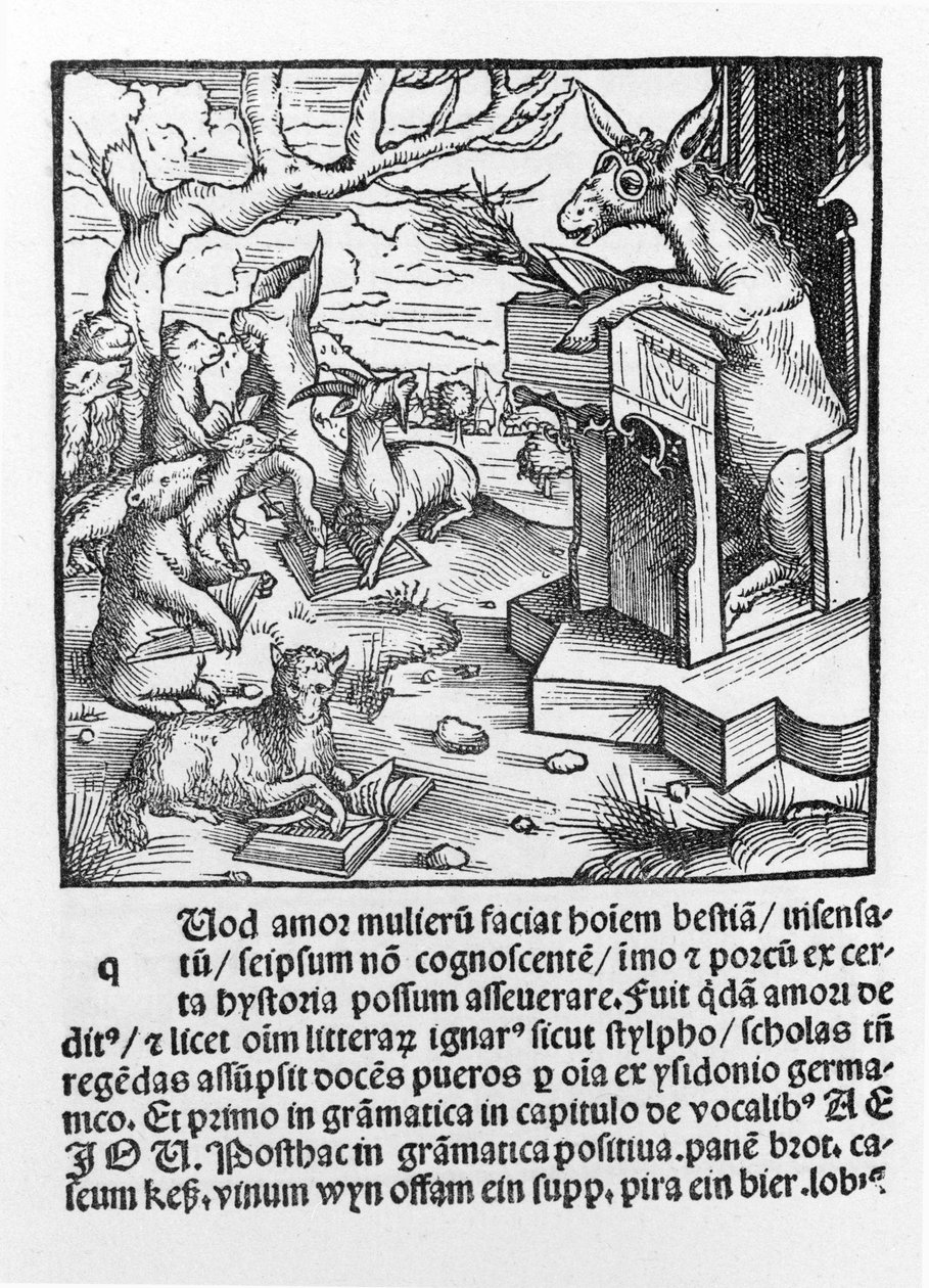 Incompreensível alemão representando um burro ensinando uma classe de animais da floresta. 1490. de Unknown artist