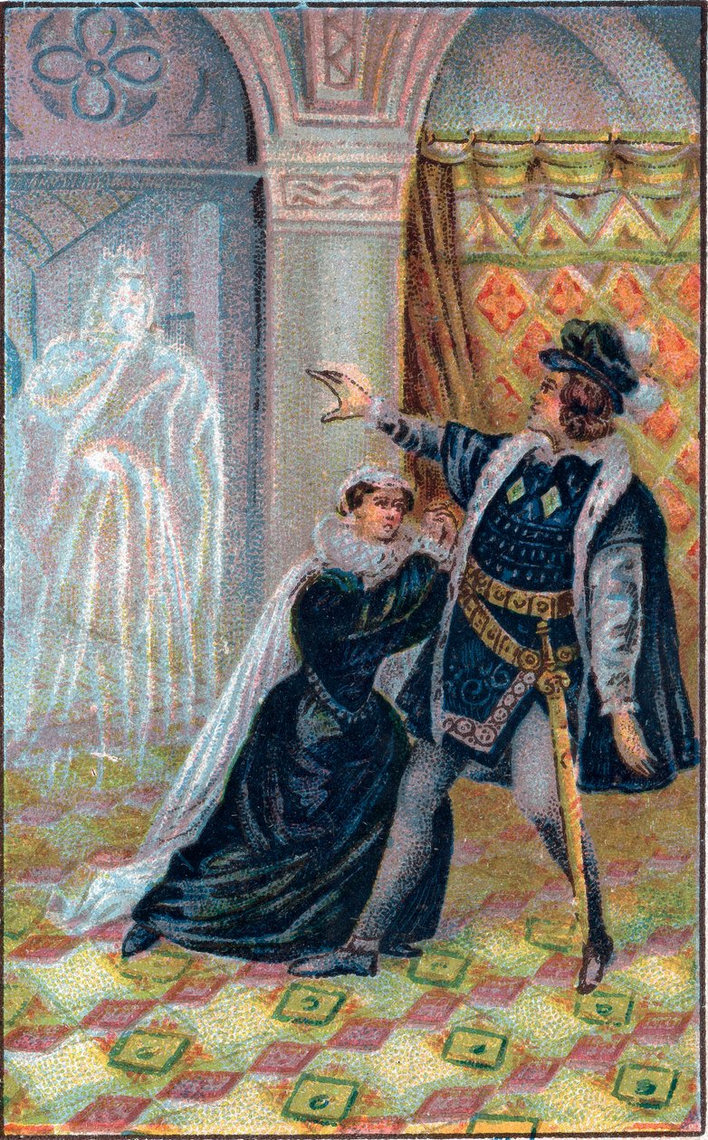 Gertrudes, Hamlet e o fantasma do pai de Hamlet. Em "Hamlet", de William Shakespeare. Cromolitografia do final do século XIX. de Unknown artist