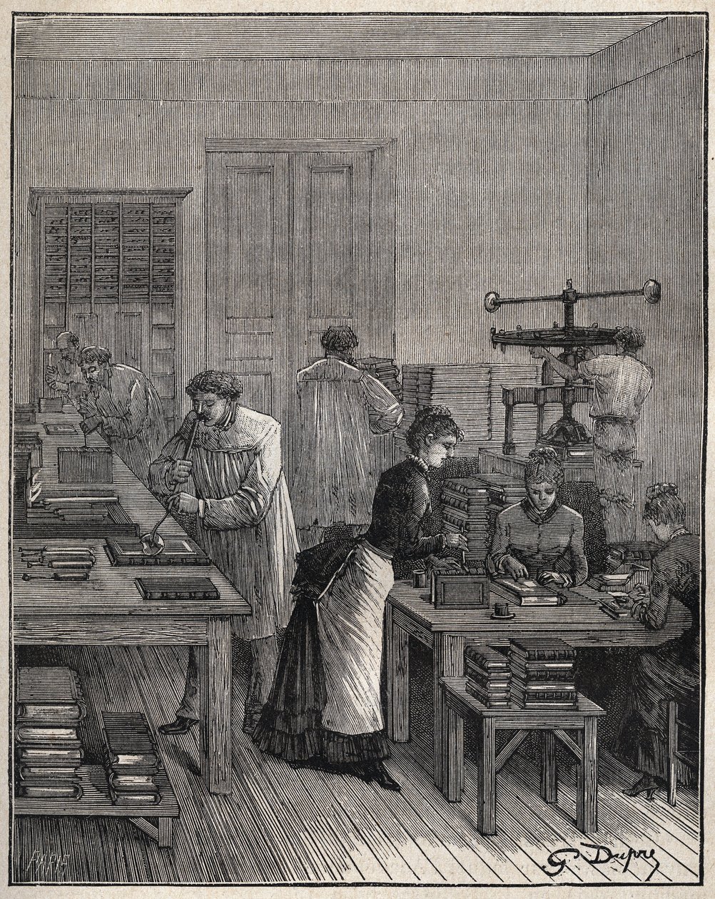 Douramento de livros (capas) em ferro numa oficina em França, no século XIX. Gravura a partir de 1885 em "Les arts et metiers illustres" de Adolphe BITARD. de Unknown artist