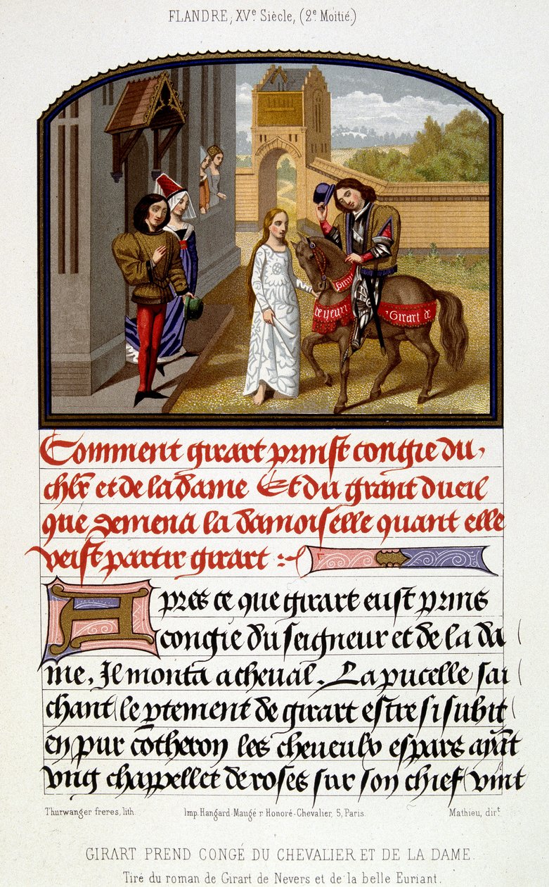 Girart despede-se do cavaleiro e da dama - fac-símile da iluminação do século XV de Unknown artist