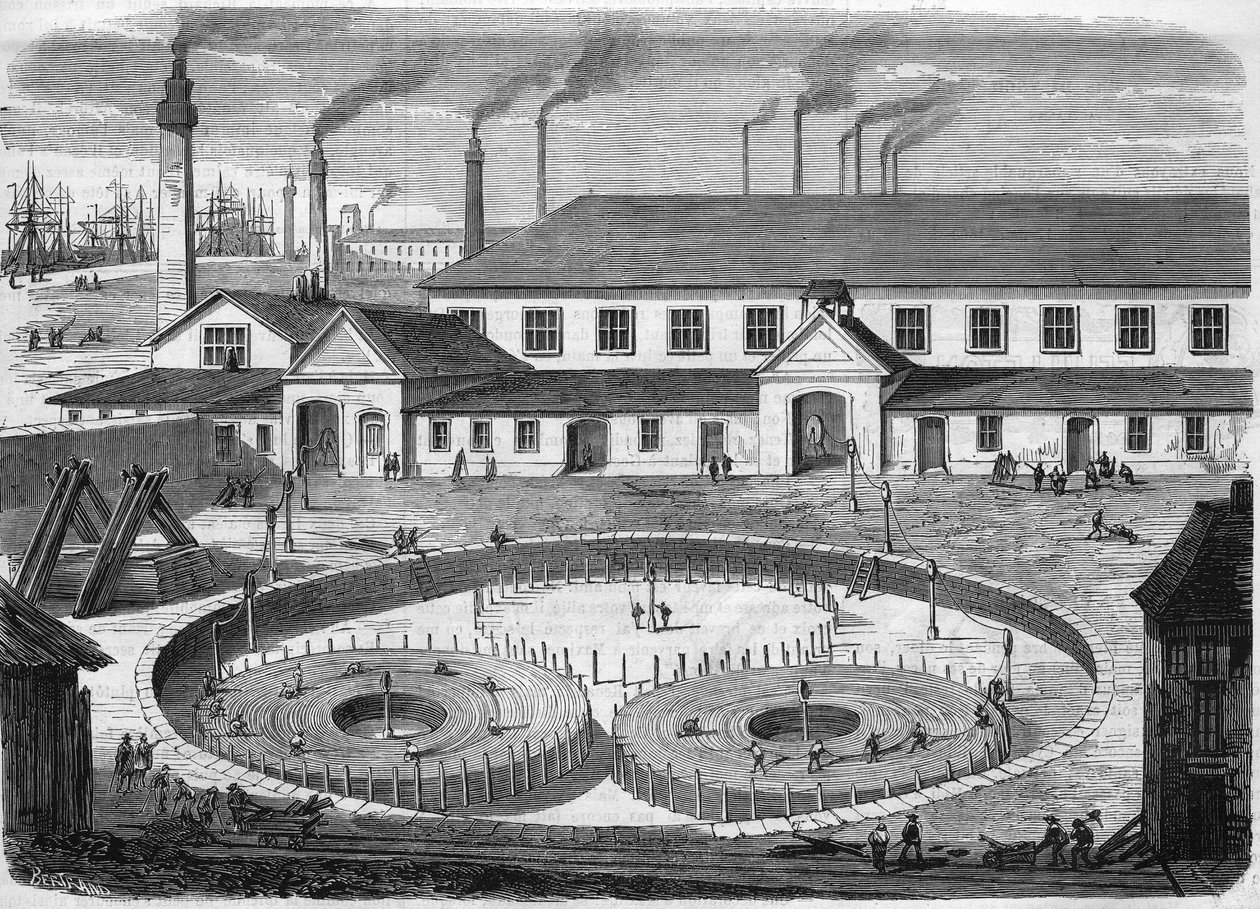 Fábrica de cabos eléctricos de vidro Eiliot em Greenwich. Bobinagem do cabo nas bacias antes do transporte no navio "o leviatã". Gravação a partir de 1865. de Unknown artist