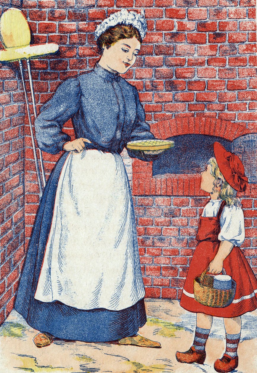 Vai levar esse bolo e esse pote de manteiga à tua avó. Ilustração anônima de "The Little Red Riding Hood", conto de Charles Perrault (1628-1703), escritor francês. Imagery Marcel Vagne, Jarville Nancy, sem data (final do século XIX). de Unknown artist