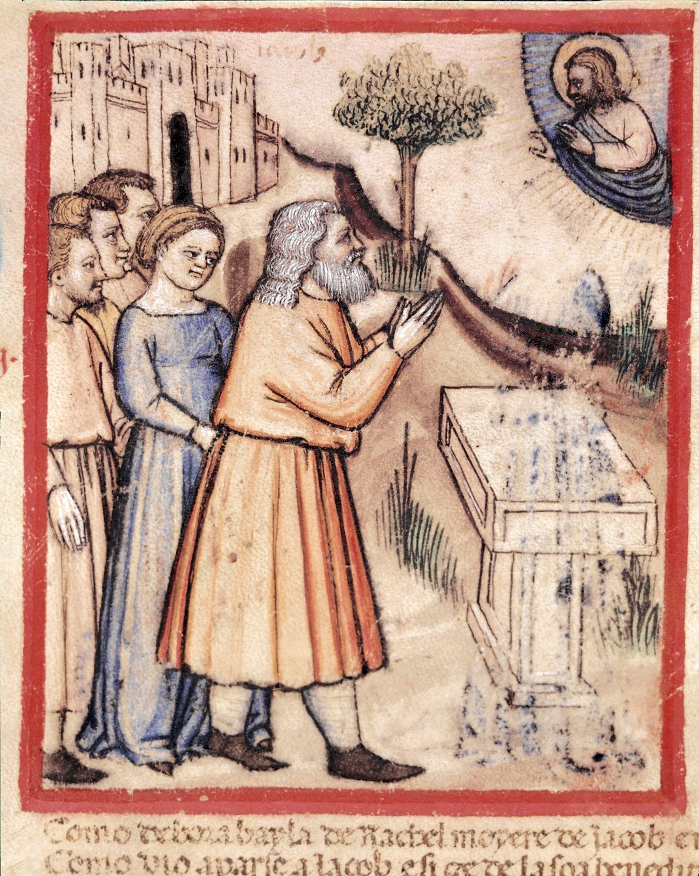 Deus aparece a Jacó tendo edificado um altar miniatura do códice 212 (ou códice padovano ou Bíblia de Pádua) 1390-1400 Rovigo, Accademia dei Concordi de Unknown artist