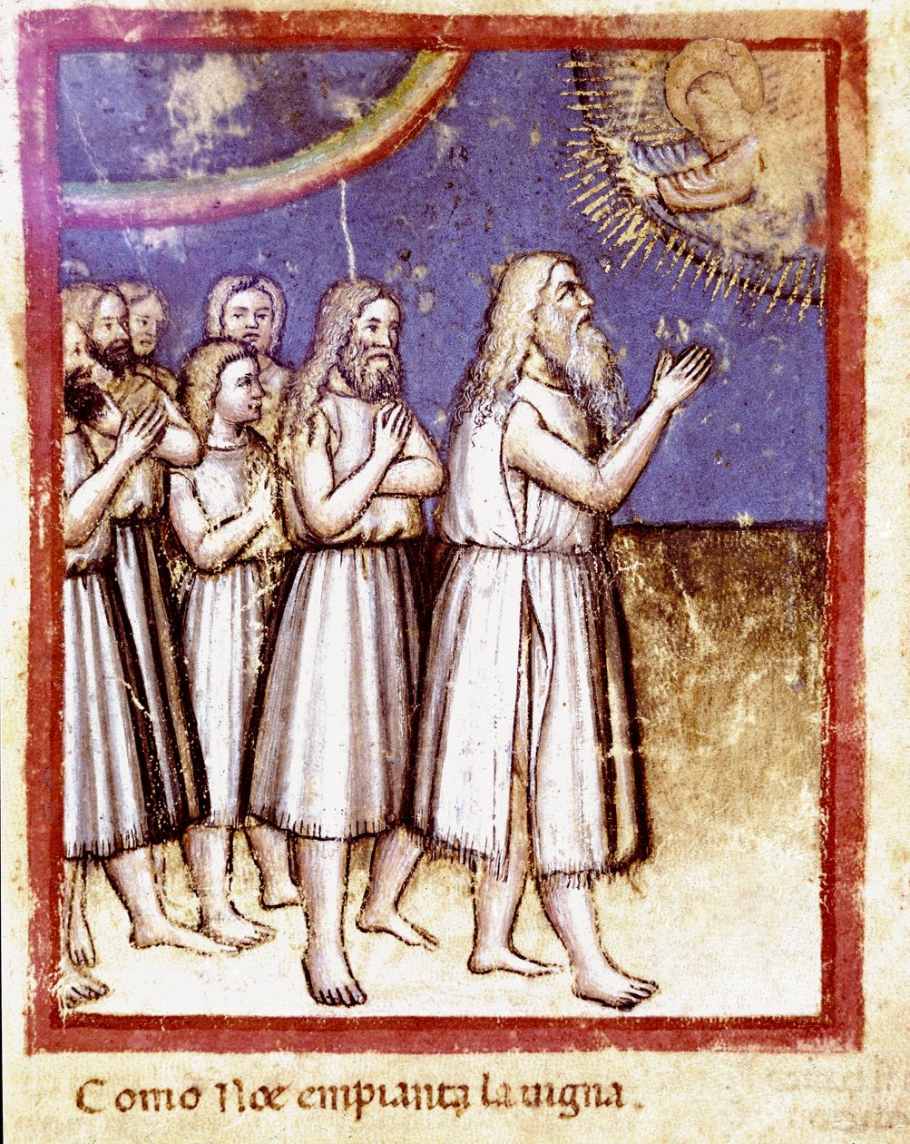 Deus abençoou Noé e sua família sobreviventes do Deluge Miniature do códice 212 (ou códice padovano ou Bíblia de Pádua) 1390-1400 Rovigo, Accademia dei Concordi de Unknown artist