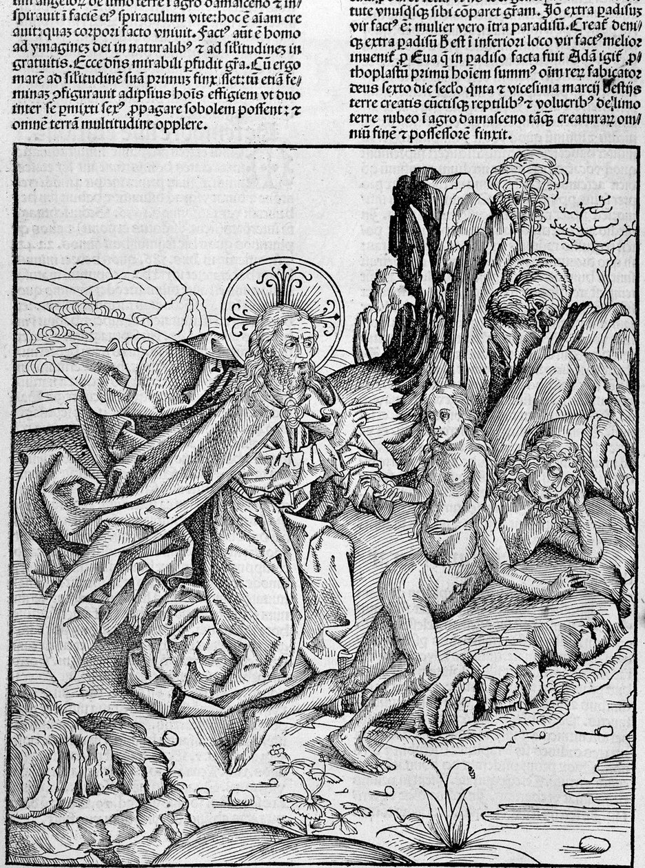 Deus dá à luz a Eva da coxa de Adão - em "Crónicas de Nuremberga". de Unknown artist