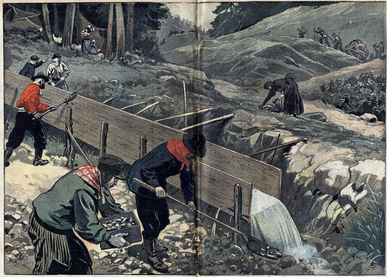 A Corrida do Ouro no Alasca: Os que procuram ouro lavam lama dourada. Uma mulher apanha pepitas enquanto novas pessoas à procura de ouro chegam ao acampamento. Ilustração em "Le Pelerin" de 20 de fevereiro de Unknown artist