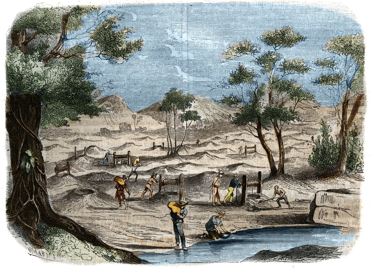Gold Rush na Austrália: visão de garimpeiros nos campos de ouro da cidade de Bendigo. Gravura de 1856 em "Le Musee Des Sciences". de Unknown artist