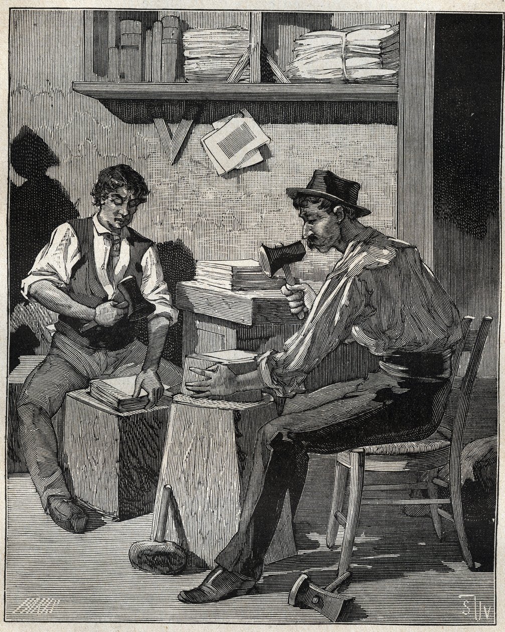 Batedor de ouro. Gravura de 1885 em "Les arts et metiers illustres" de Adolphe BITARD. de Unknown artist