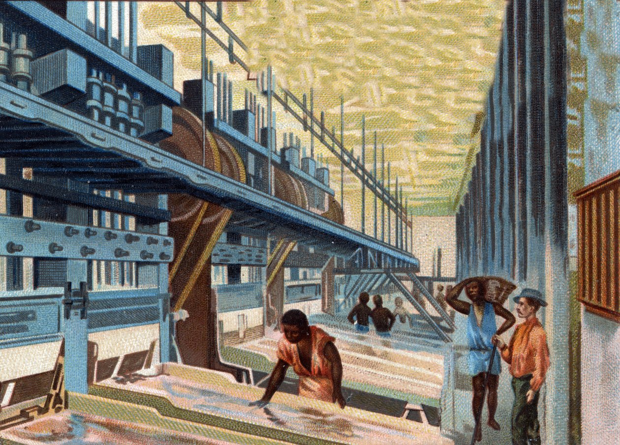 Mineração de ouro. A moagem do minério no pote é lavada com grande água e depois passa sobre as placas de cobre para separar o ouro dos outros materiais. Cromolitografia do final do século XIX. de Unknown artist