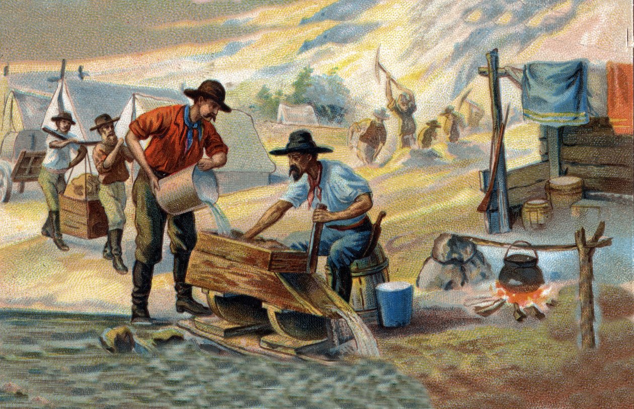 Procurador de ouro: método de lavagem do ouro nativo que é separado das pedras e da areia. Cromolitografia do final do século XIX. de Unknown artist