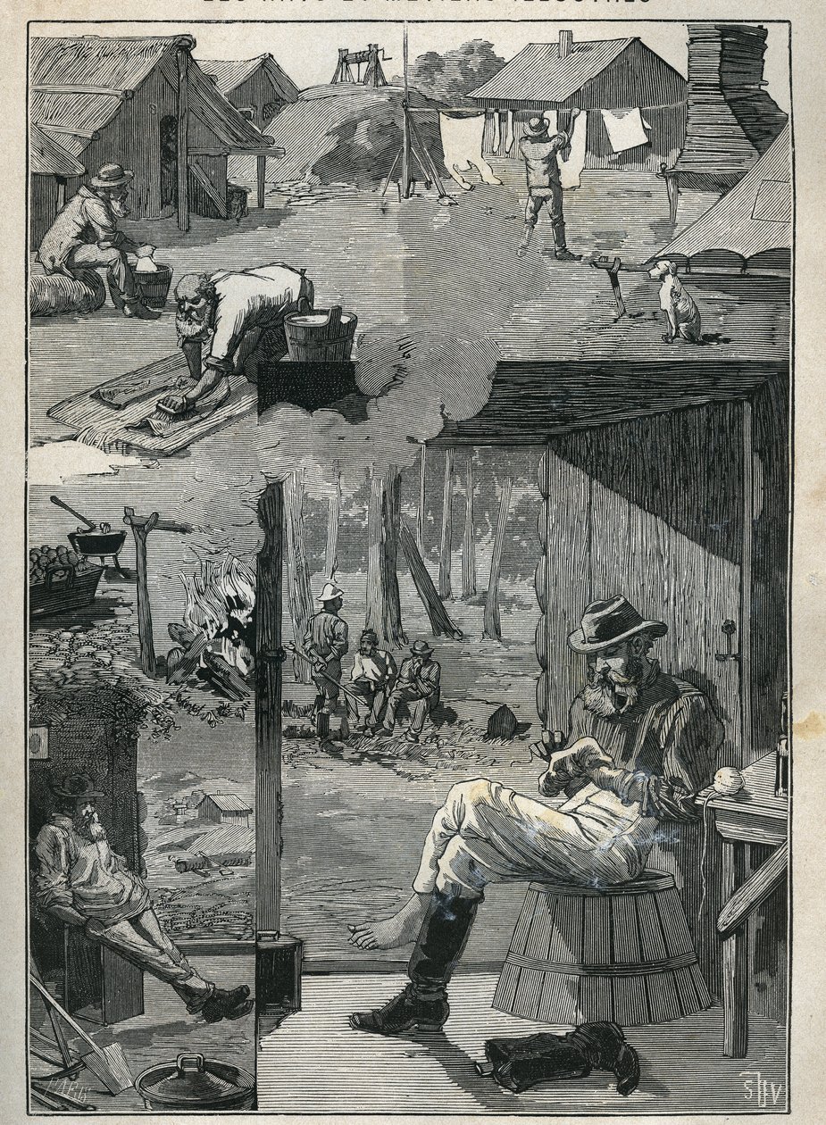 Os que procuram ouro na Austrália: mancha da vida diária dos mineiros durante os seus dias de descanso (limpeza e secagem de roupa de cama, meias, etc.). Gravura de 1885 em "Les arts et metiers illustres" de Adolphe BITARD. de Unknown artist