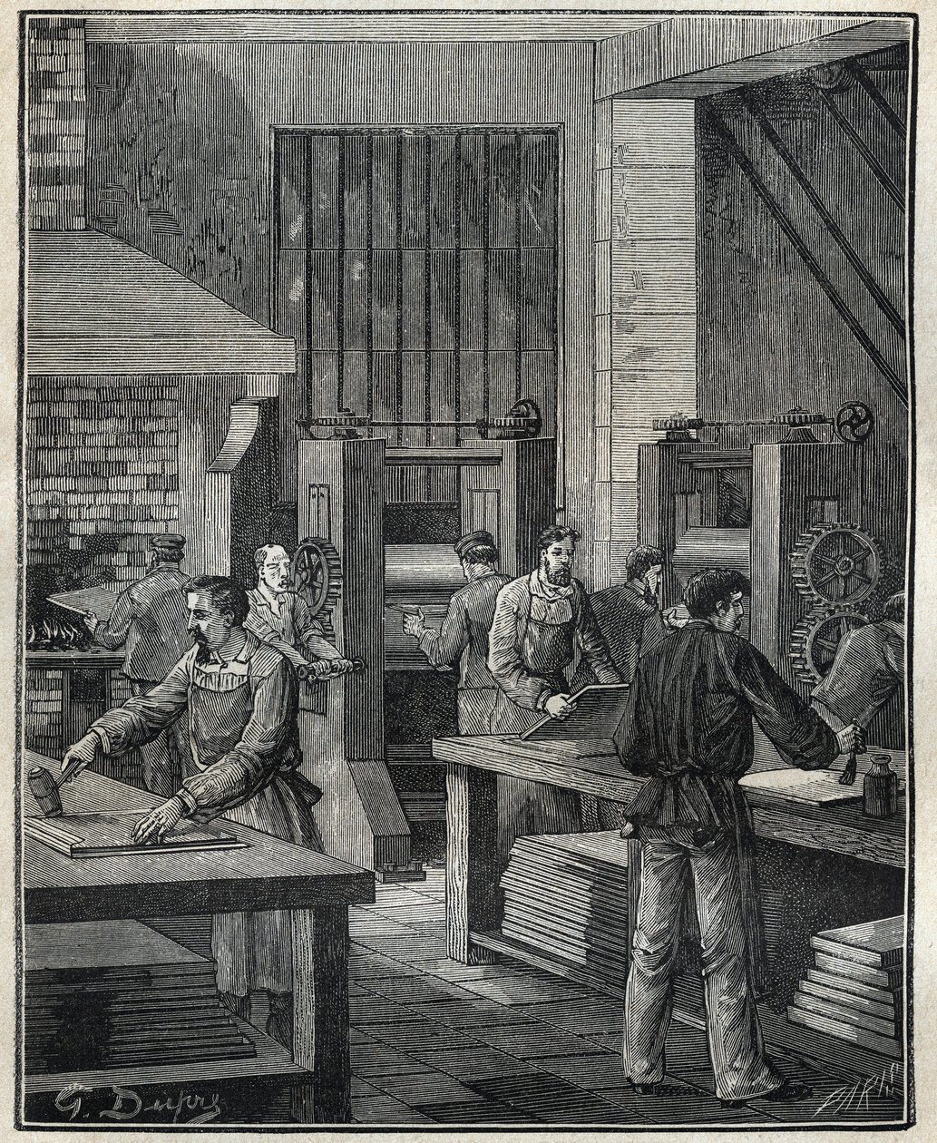 Ourivesaria: preparação da chapa, preparação do metal para a execução de uma prataria especial. Gravura a partir de 1885 em "Les arts et metiers illustres" de Adolphe BITARD. de Unknown artist