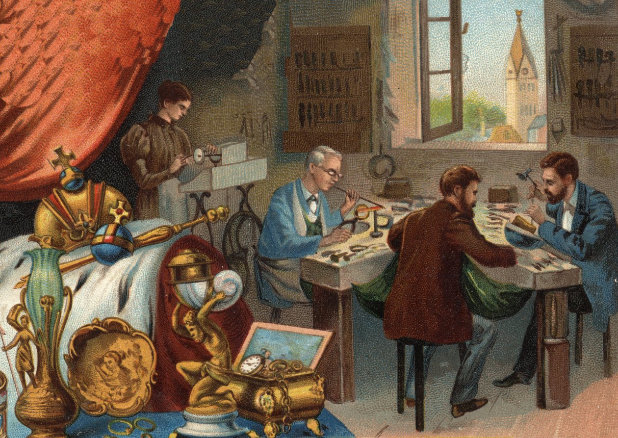 Oficina de ourivesaria, joalheiro: solda e cinzeladura de ouro. de Unknown artist