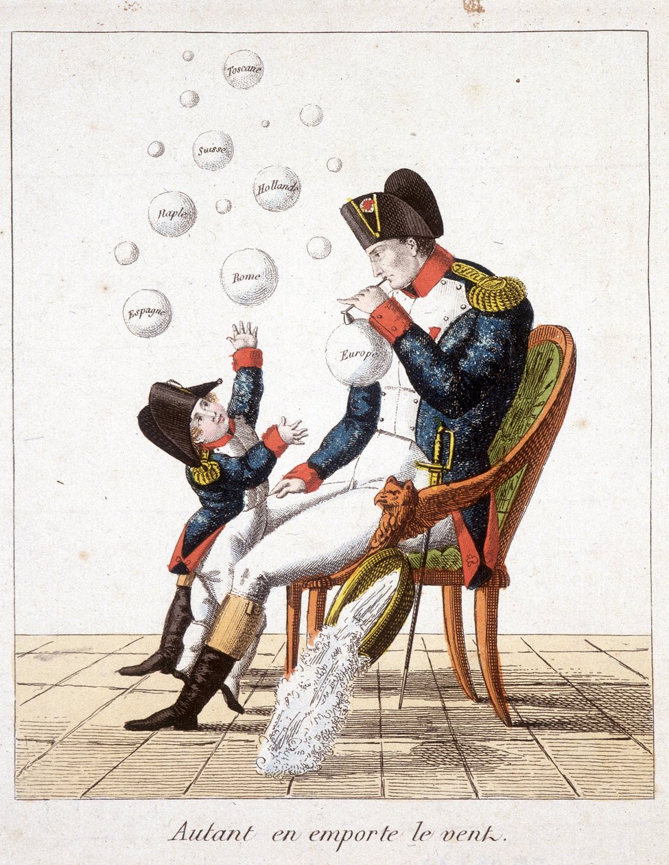 Desapareceu com o vento: Napoleão fazendo bolhas de sabão da Toscana, Suíça, Holanda, Nápoles, Roma, Espanha e Europa - em "Napoleão 1, caricaturas, coleção de bonecos", c. 1814 de Unknown artist