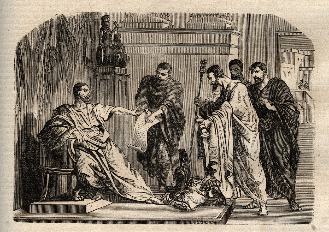 Gordian I (158-238) recusando a dignidade imperial - Gordian I (Marcus Antonius Gordianus Sempronianus Romanus Africanus) recusou a dignidade imperial - gravura em "Dictionnaire populaire illustrious" - 1864 - de Joseph Decembre e Edmond Allonier - de Unknown artist