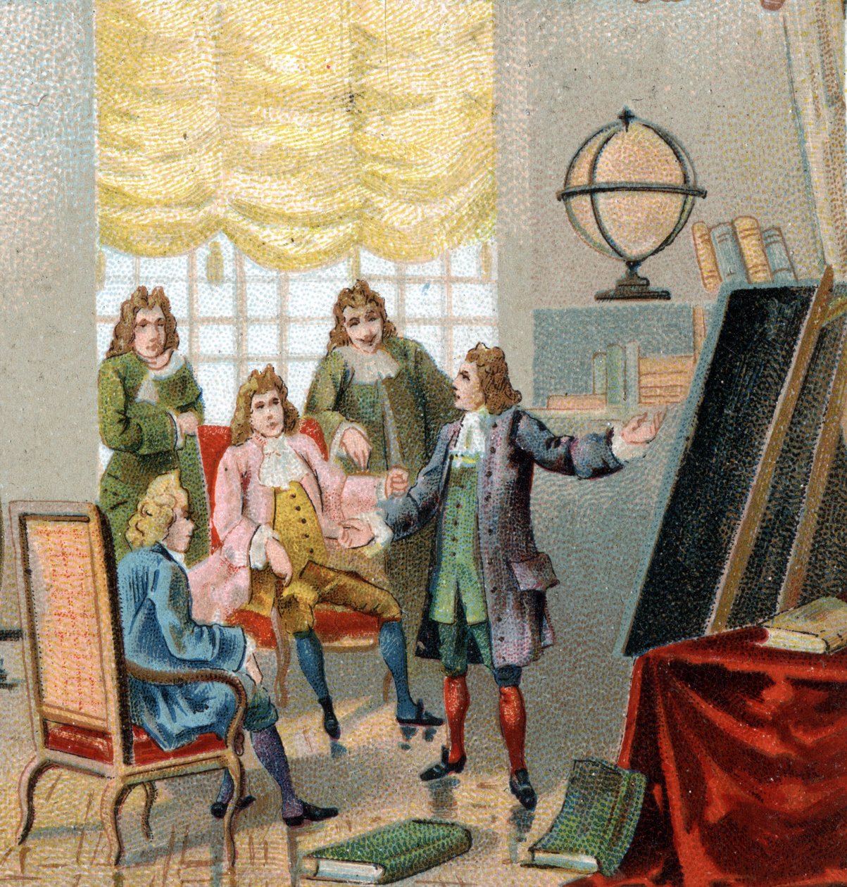 Gottfried Wilhelm Leibniz (1646-1716), filósofo e matemático alemão; demonstrando suas teorias sobre cálculo diferencial. Cromolitografia, final do século XIX. de Unknown artist