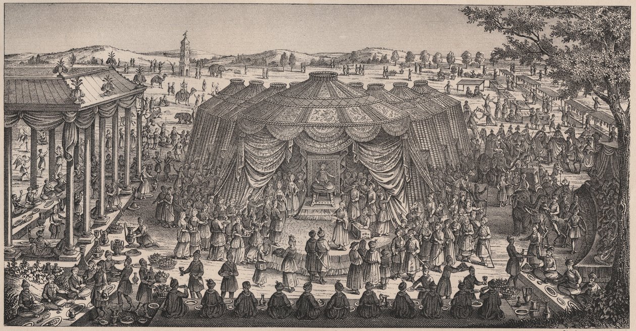 Grande Banquete dado por Tamerlan (1336-1405) (ou Timur Lang, "Timur o coxo") na planície de Khani Gheul para celebrar o casamento de seus netos - Gravura do século XIX de Unknown artist
