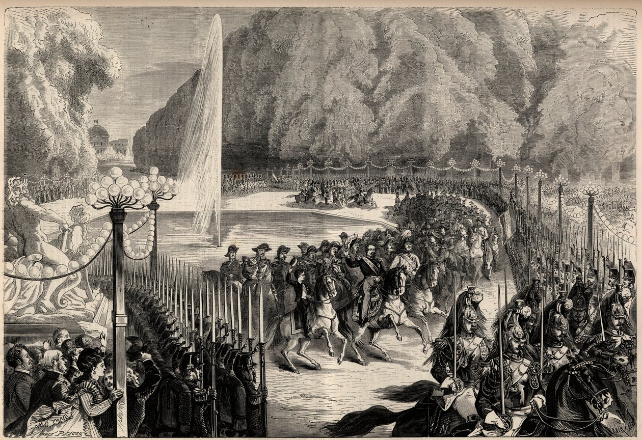 Grande revista de 14 de agosto: Imperador Napoleão III (1808-1873), seguido pelo seu pessoal atravessa o Jardim das Tuileries em Paris. Seu filho, o príncipe imperial Eugênio Luís José (1856-1879), está à sua direita. Gravura em "O Universo ilustre". de Unknown artist