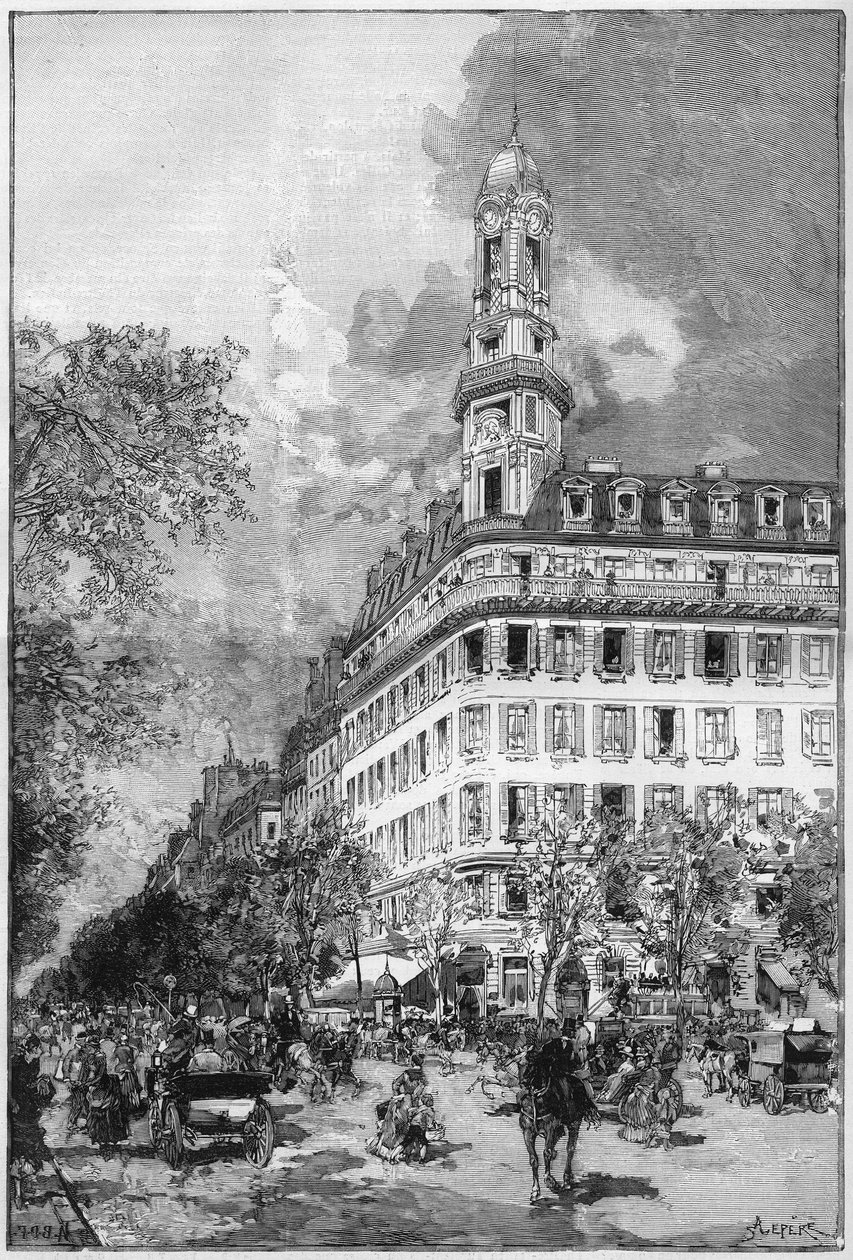 Grand boulevards e edifícios haussmanian em Paris: Hotel de la Compagnie "La New York" boulevard des Italiens. Gravação em "Le Monde Illustre". de Unknown artist