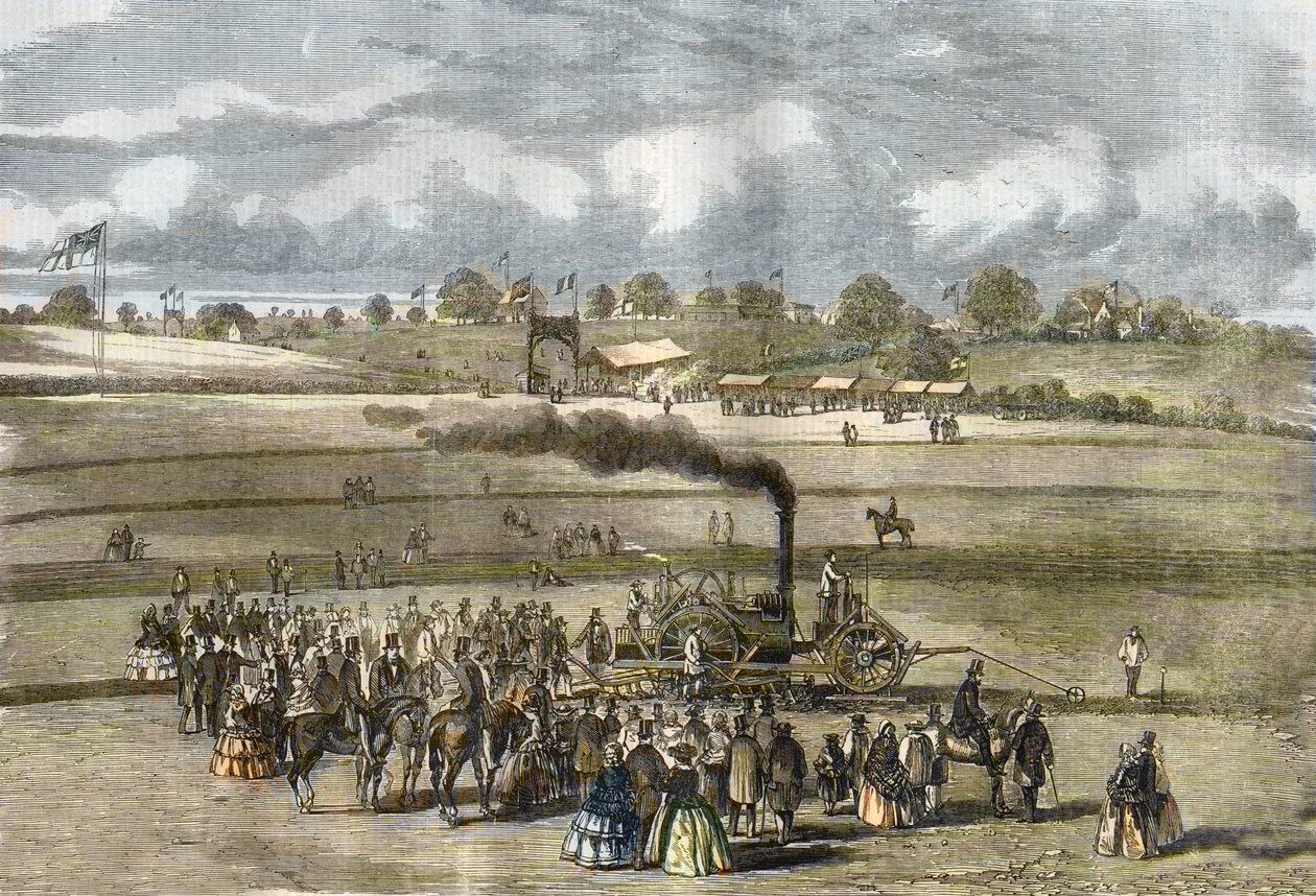 Grã-Bretanha: Agricultura, cena do arado. Arado a vapor de Boydell perto de Louth, em 1854. (lavoura a vapor com o motor de Boydell perto de Louth). de Unknown artist