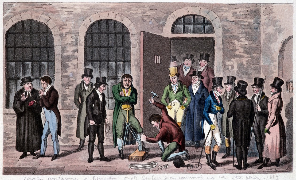 Prisão da Grã-Bretanha: A prisão de Newgate em Londres (muitas vezes referida nos romances de Charles Dickens) está sujeita à pena de morte. Gravado por volta de 1823. Bilbioteca de Artes Decorativas. de Unknown artist