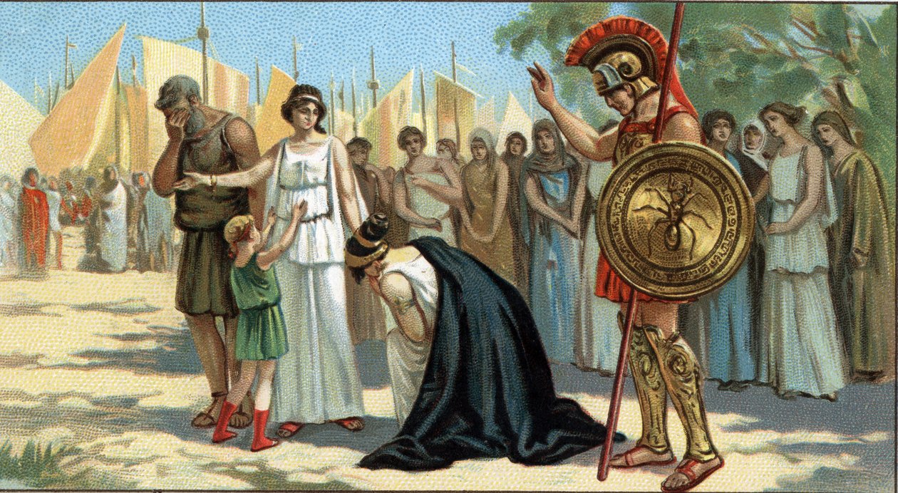 Grandes Tragédias Gregas: "Iphigenie a Aulis", de Eurípedes, escrito em -406. Iphigenie aprendeu o sacrifício que é exigido dela. A sua mãe Clytemnestre ajoelha-se diante dela, em dor. À esquerda, seu irmão Oreste, à direita Aquiles, que primeiro tentou na de Unknown artist