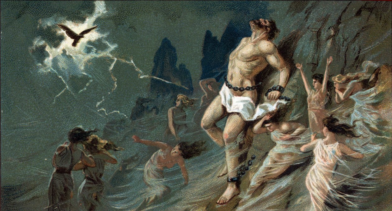 Grandes tragédias gregas: "Promethee enchaine", de Ésquilo. No deserto de Scythia, Promethee está acorrentada a uma rocha por ordem de Júpiter por criar homens e trazer-lhes fogo celestial. Ali, uma águia roeu-lhe o fígado, renascendo constantemente. O fim de Unknown artist