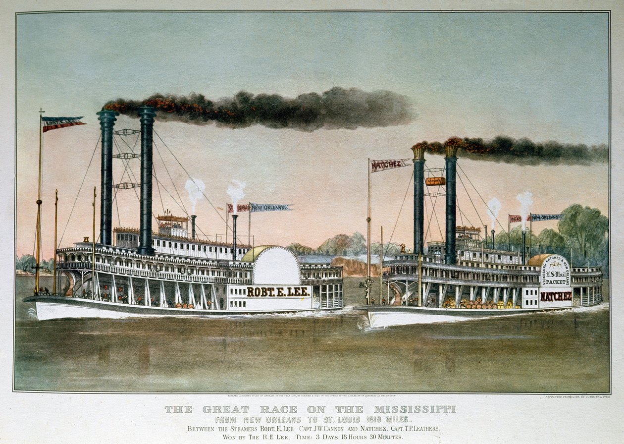 Grande Corrida de Barcos a Vapor no Rio Mississippi, de Nova Orleans a Saint Louis (estampa do século XIX) de Unknown artist