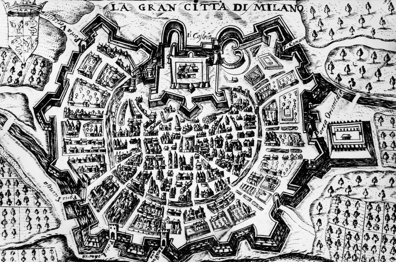 Grande cidade de Milão, gravura de mapa de Milão, Itália de Unknown artist